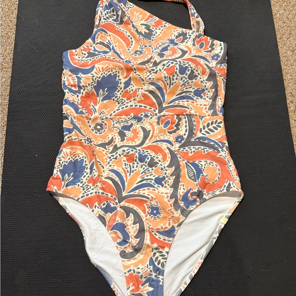 Summersalt Ruched Side Stroke Swimsuit orange and Blue paisley